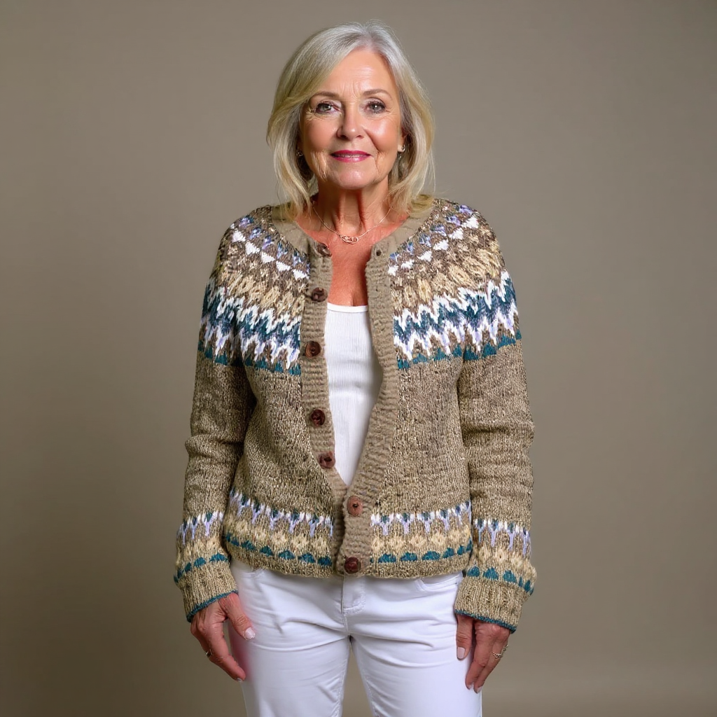 Cleo vintage Icelandic cardigan in beige multi, front view worn open over white