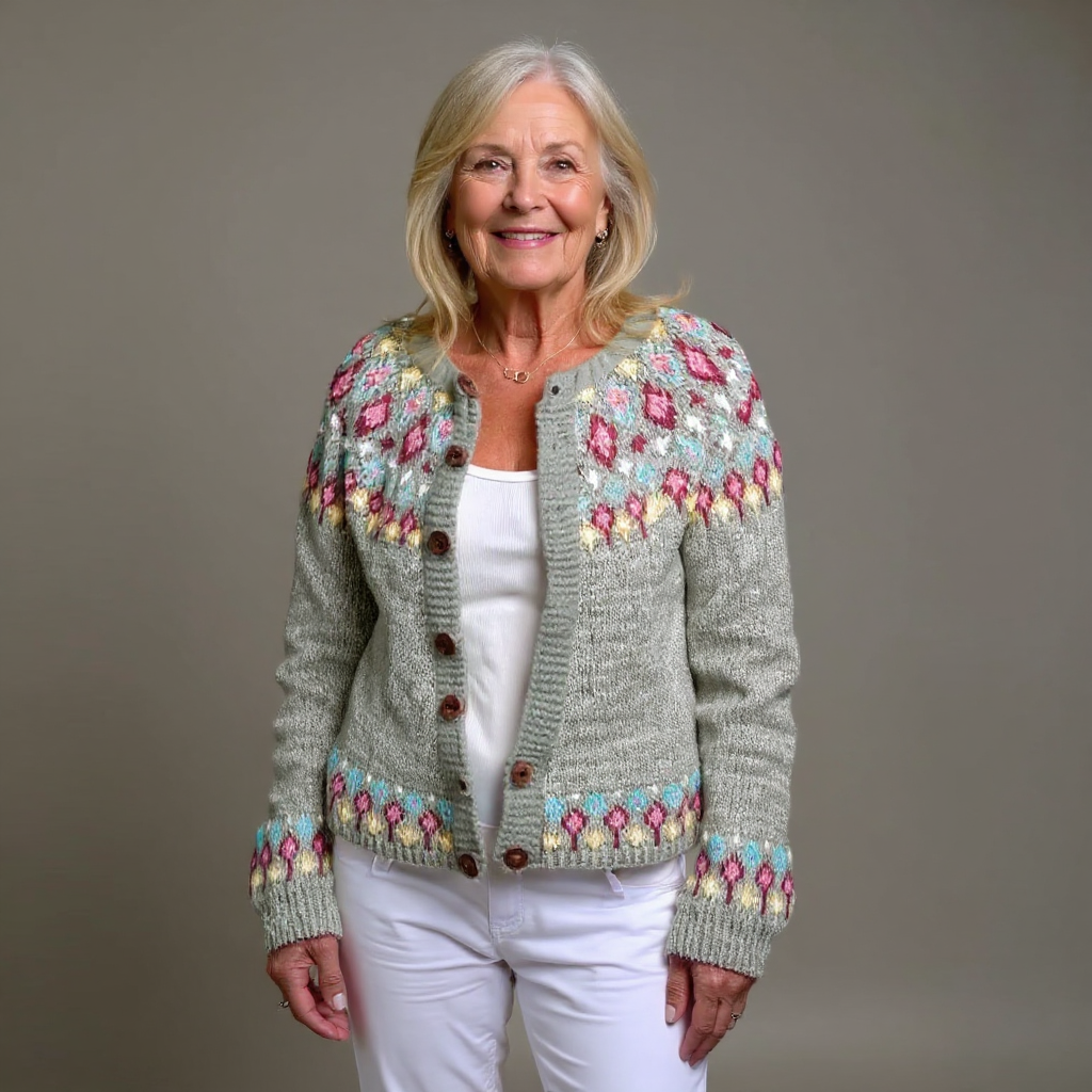 Madeline vintage Icelandic cardigan in sage grey with floral yoke, front view