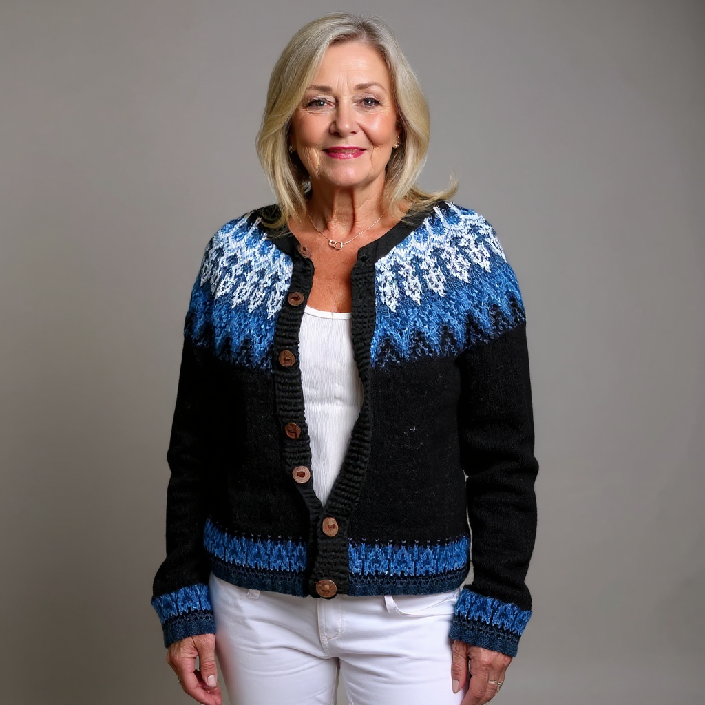 Gianna vintage Icelandic cardigan in black with blue and white yoke, front view