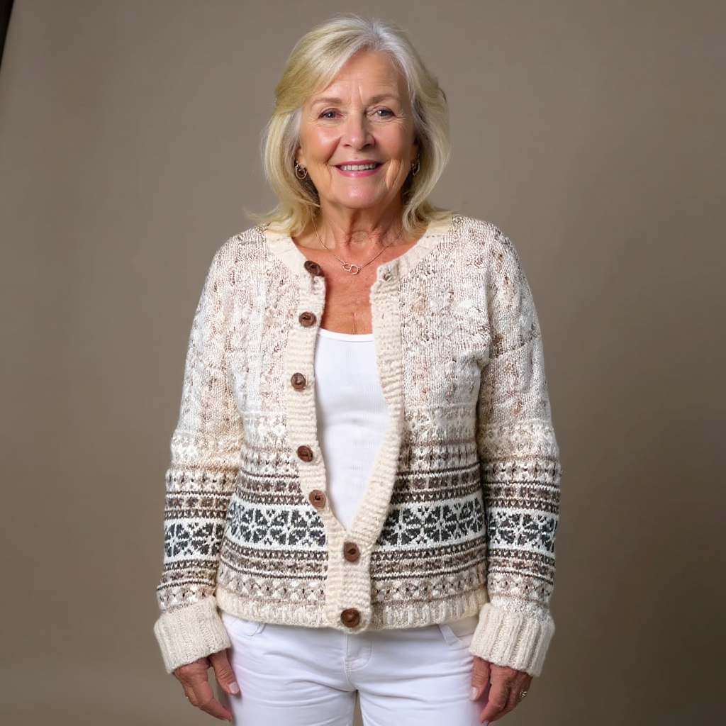 Brielle vintage Icelandic cardigan in cream and brown, full front view
