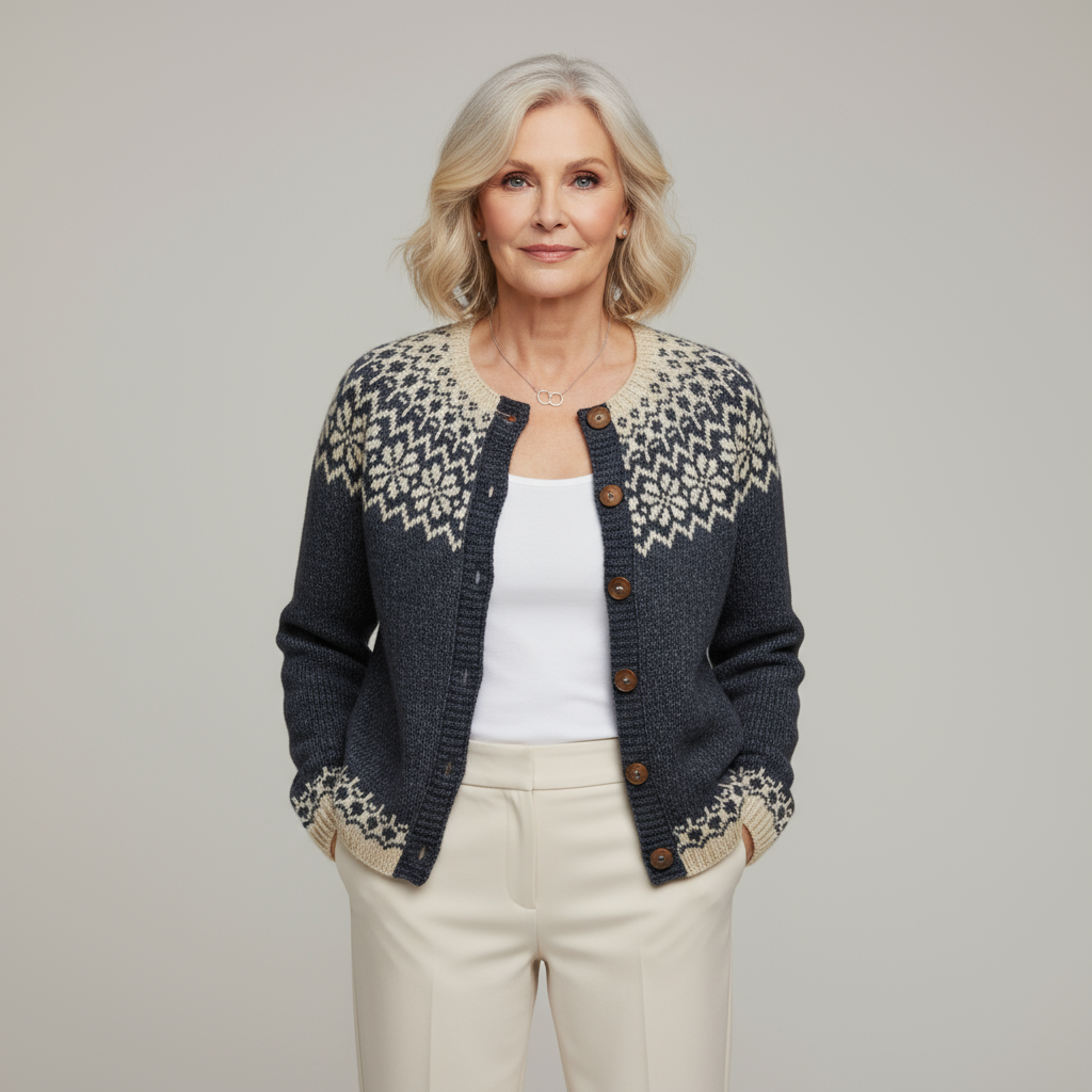 Hattie vintage knitted cardigan in navy and cream, full front view