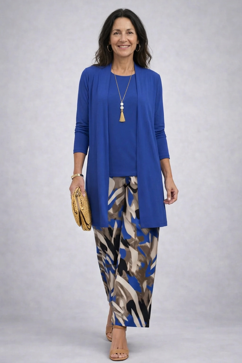 Fleurette three-piece set in blue with printed trousers, full-length front view
