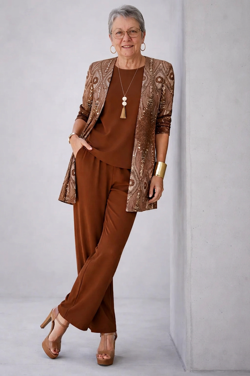 Glenna three-piece set in brown, patterned cardigan with top and wide-leg trousers, front view