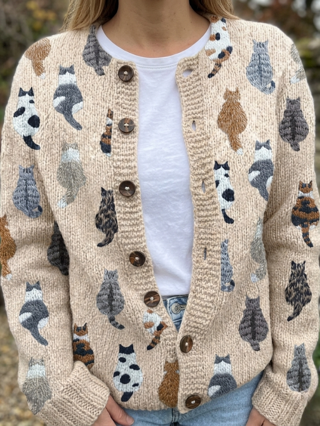 Charlotte cat print cardigan in beige, front view worn open over a white tee