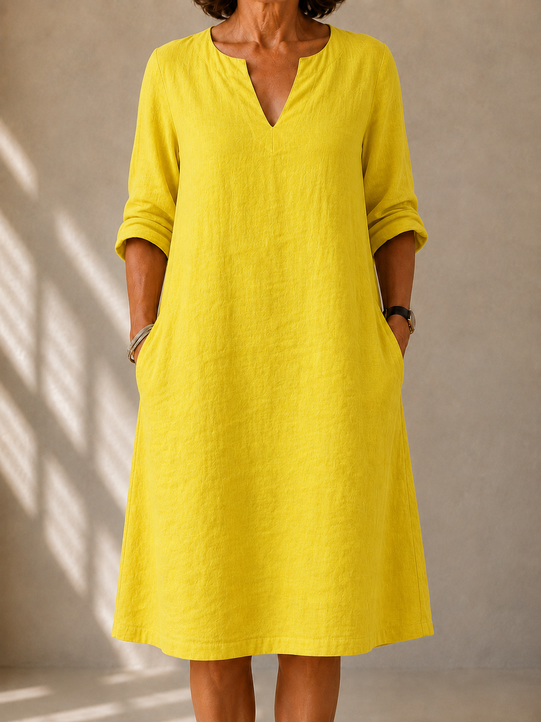 Sylvie flowy V-neck dress in bright yellow, front view