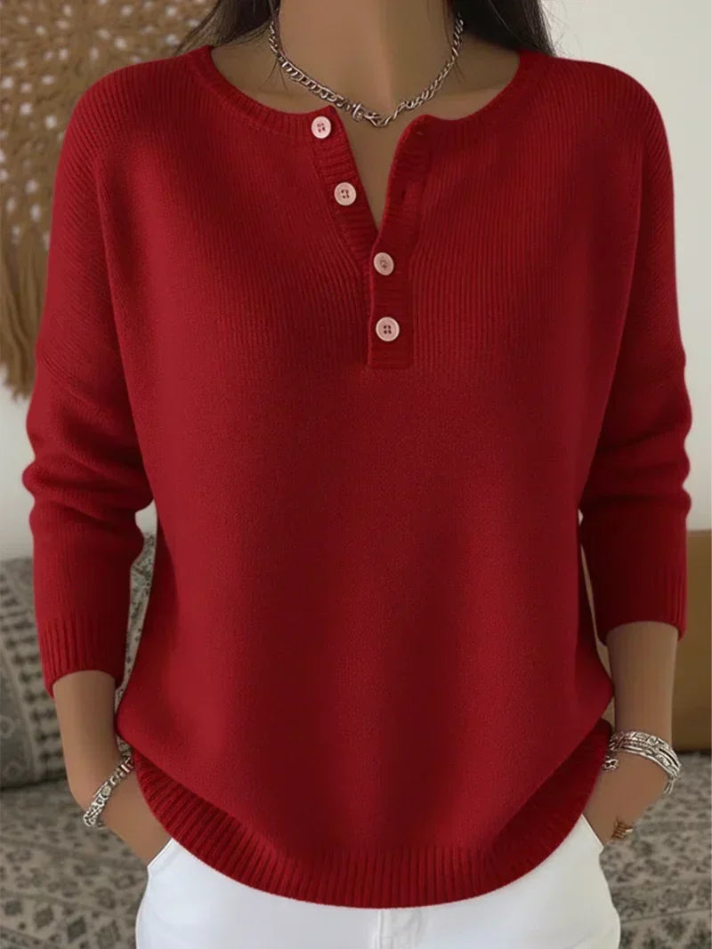 Helena henley-button knit jumper in deep red, front view