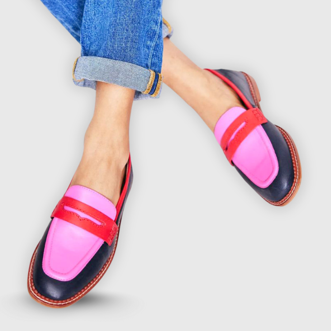 Giuliana contrast-colour loafers in navy, pink and red, worn with turned-up jeans
