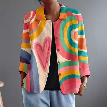 Constanza blouse in multicolour painted heart print, front view worn open