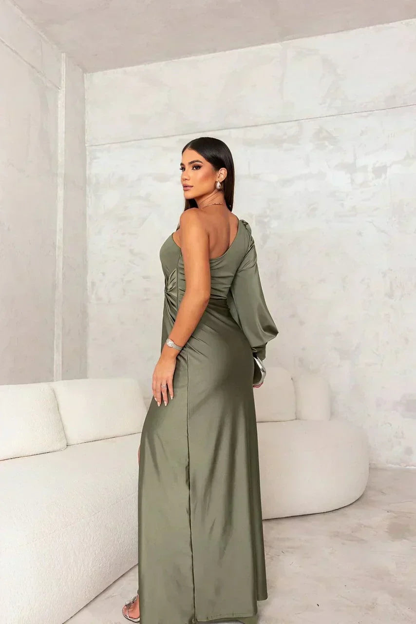 Melyssa evening maxi dress in olive green, back view showing open back detail