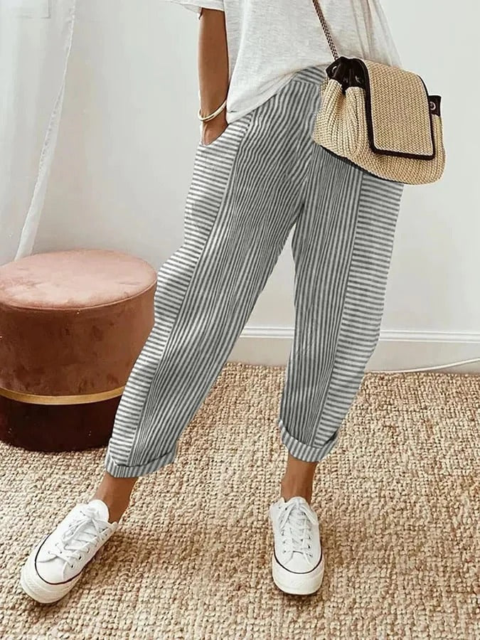 Cosette striped trousers in light grey, full-length front view