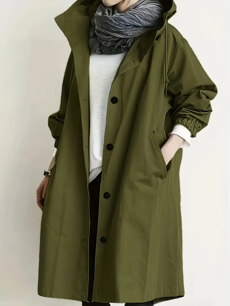 Callindra hooded trench coat in army green, front view