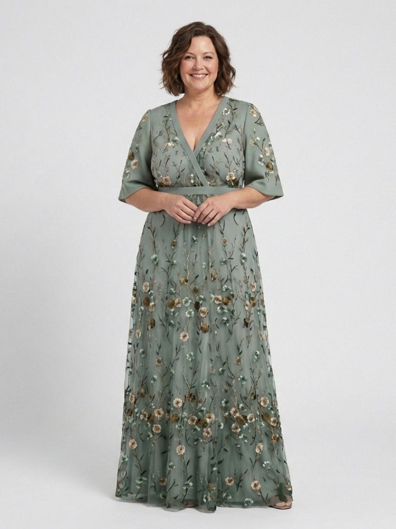 Evadne floral maxi dress in sage green, full-length front view on model