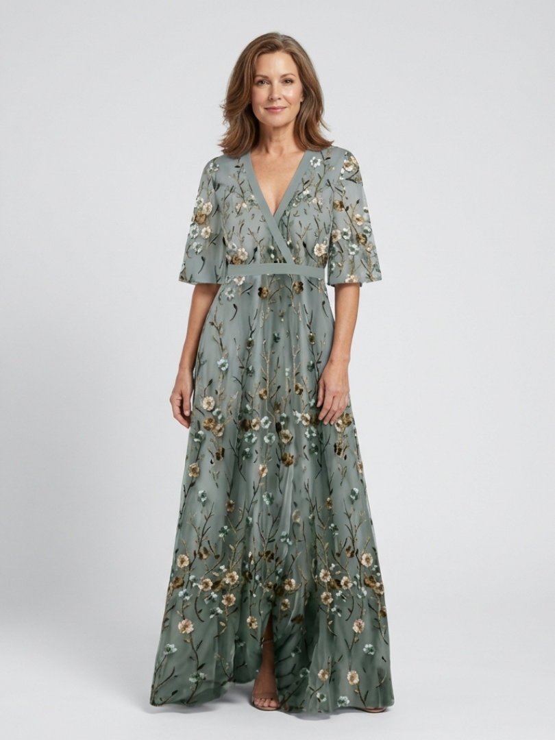 Evadne floral maxi dress in sage green, full-length front view