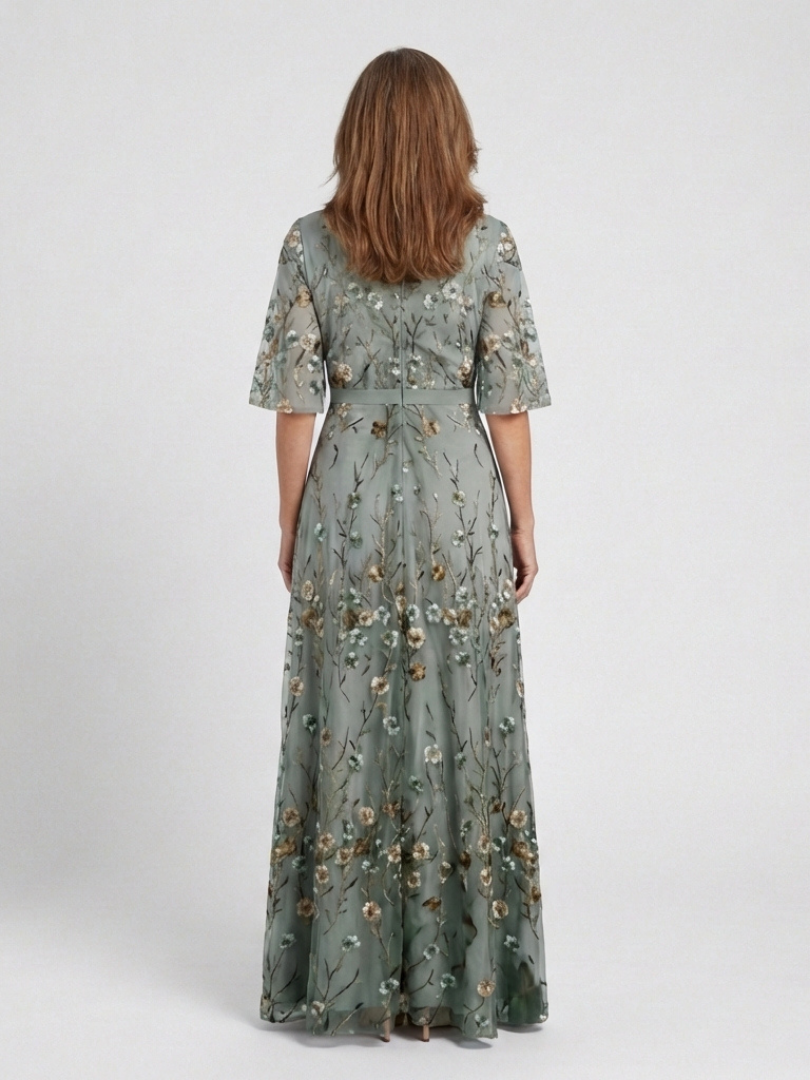 Evadne floral maxi dress in sage green, back view