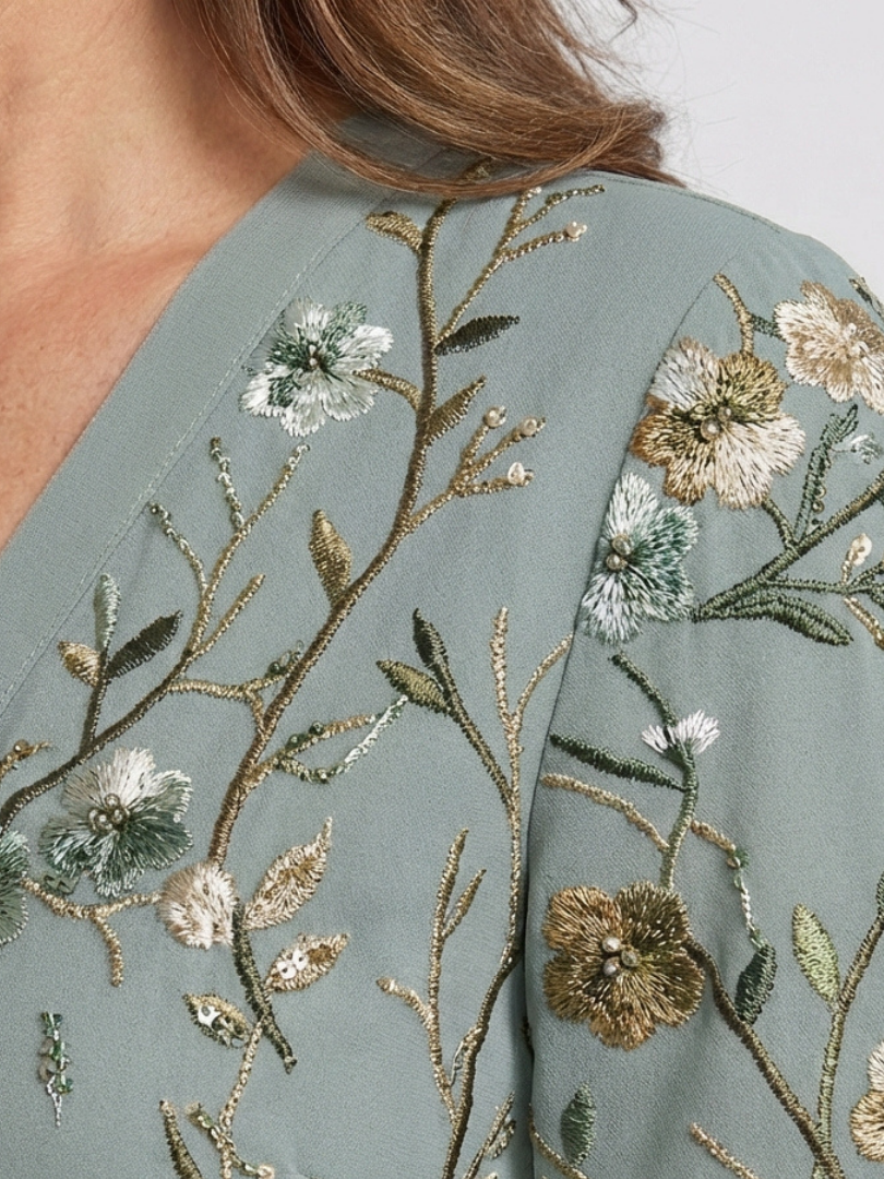 Evadne floral maxi dress in sage green, close-up of floral detail
