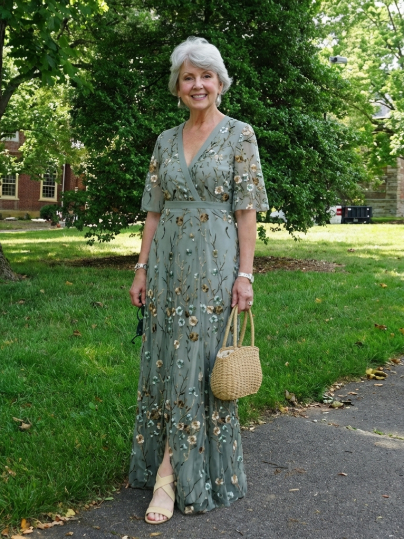 Evadne floral maxi dress in sage green, worn outdoors with woven bag