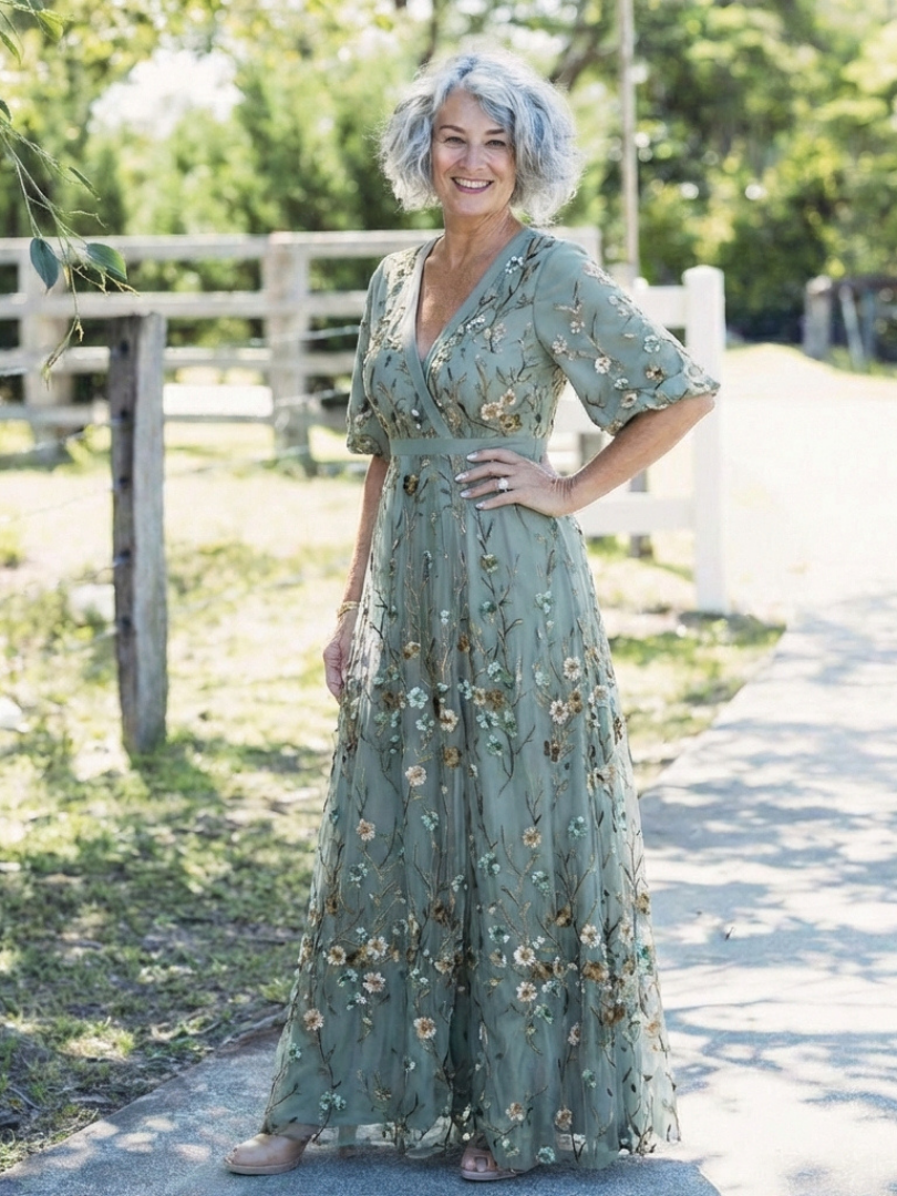 Evadne floral maxi dress in sage green, outdoor full-length view
