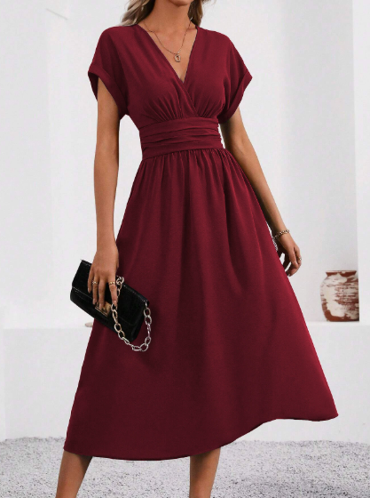 Lucyndra V-neck pleated waist midi dress in deep red, full-length front view