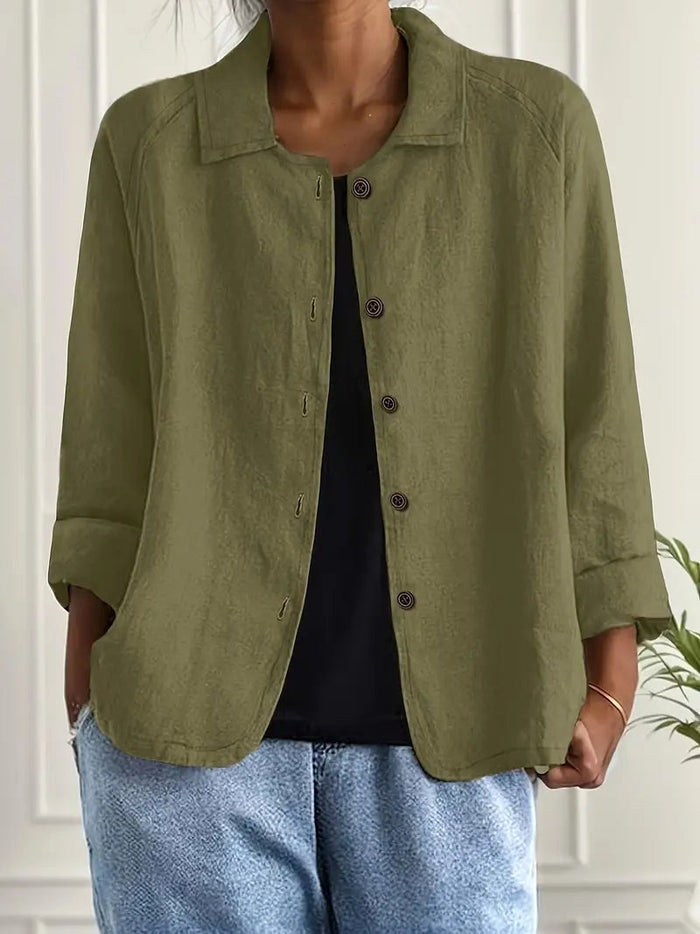 Aurelienne shirt blouse in olive, open front view worn with denim