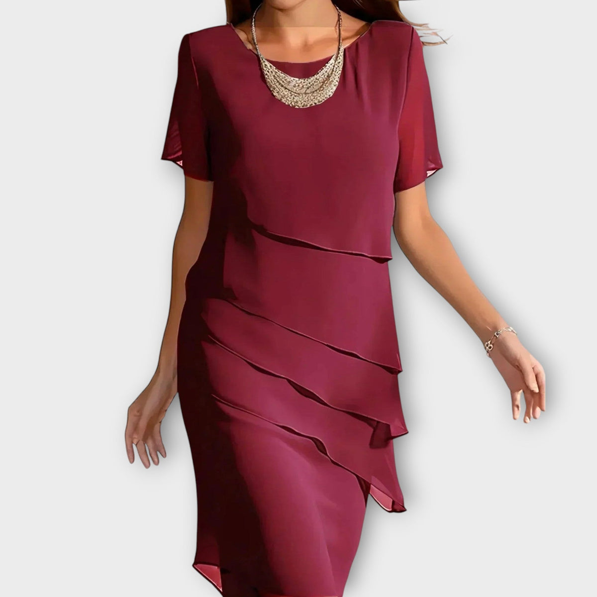 Tessa tiered layered dress in red, front view showing asymmetric layers