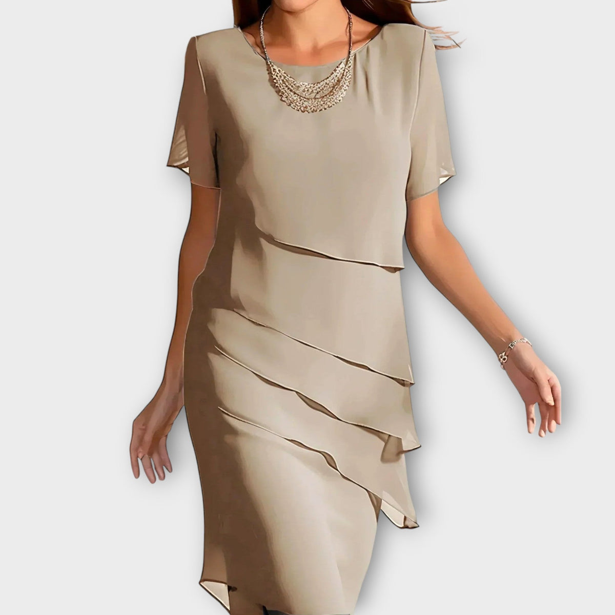 Tessa tiered layered dress in beige, front view on model