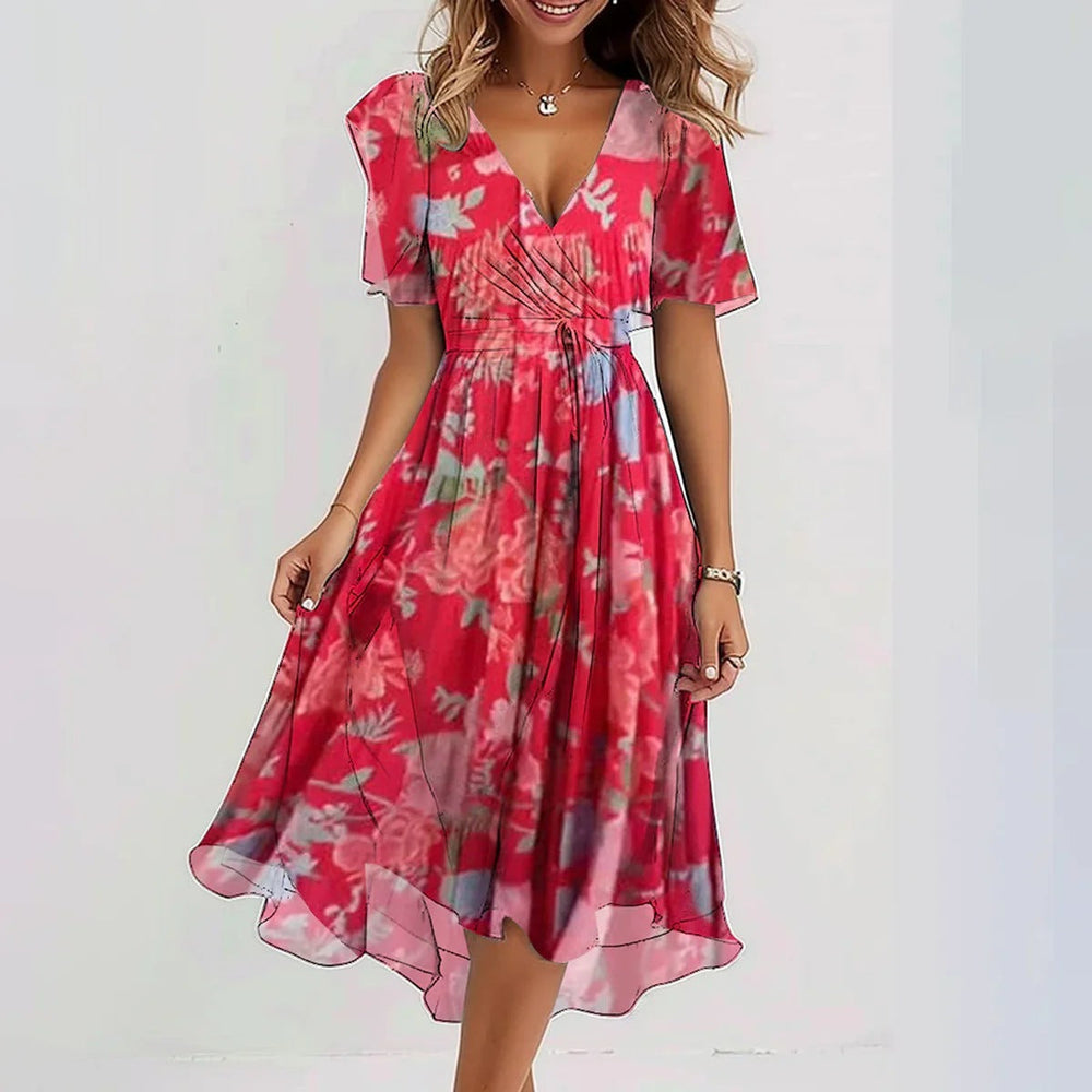 Harper v-neck wrap midi dress in pink floral, full-length front view