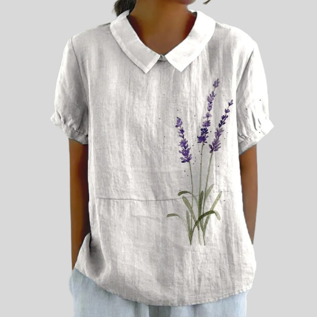 Jacquette collared blouse in grey with lavender motif, front view