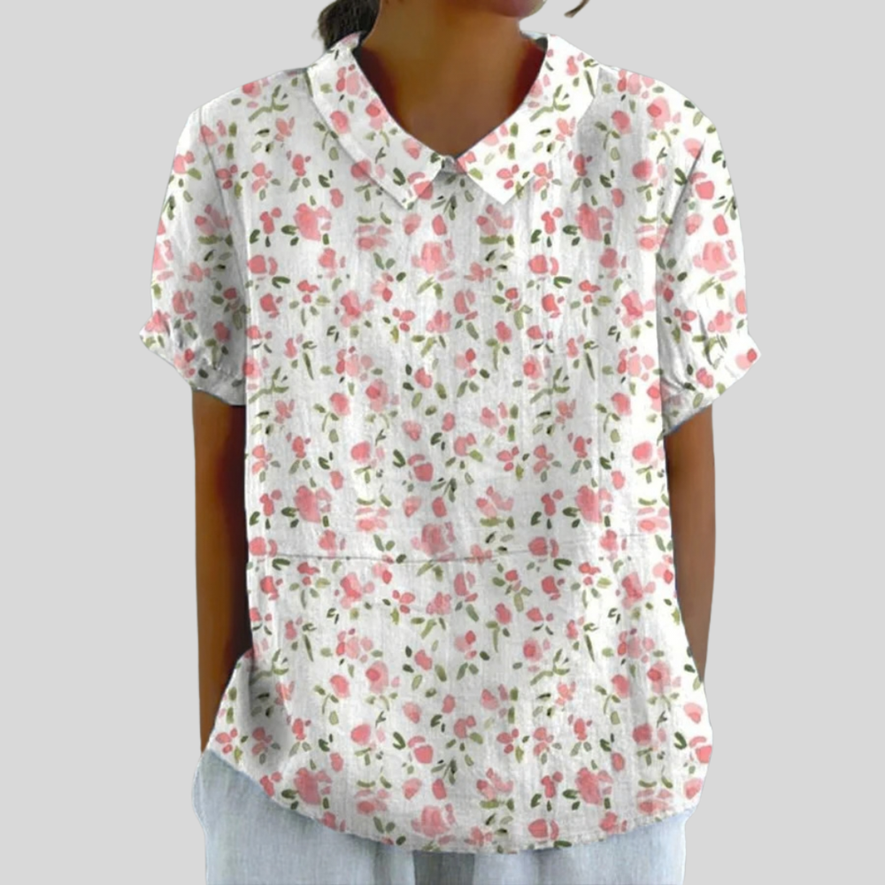 Florentine collared blouse in white with rose-pink floral print, front view