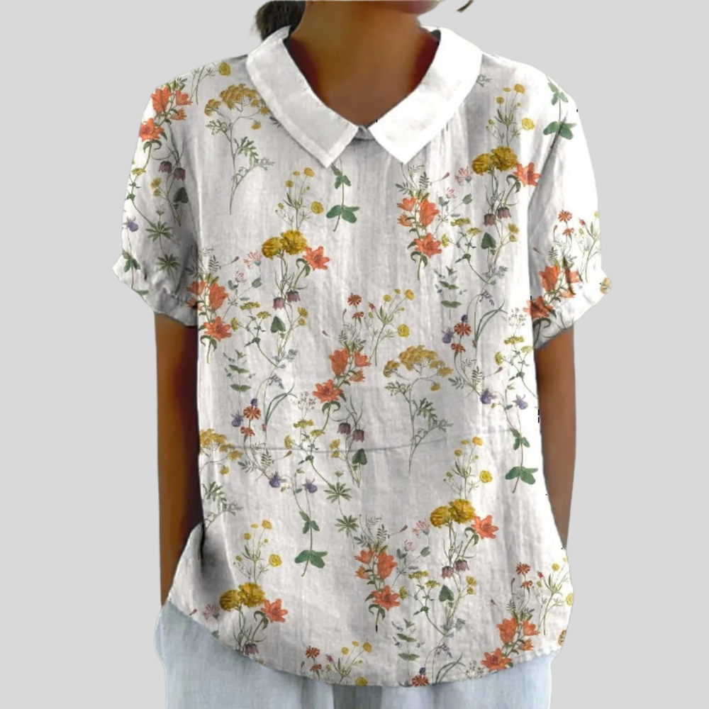 Prunelle collared blouse in white with wildflower print, front view