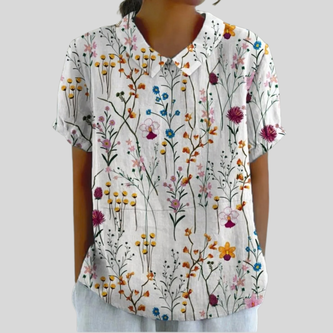 Mabel collared blouse in white with wildflower print, front view