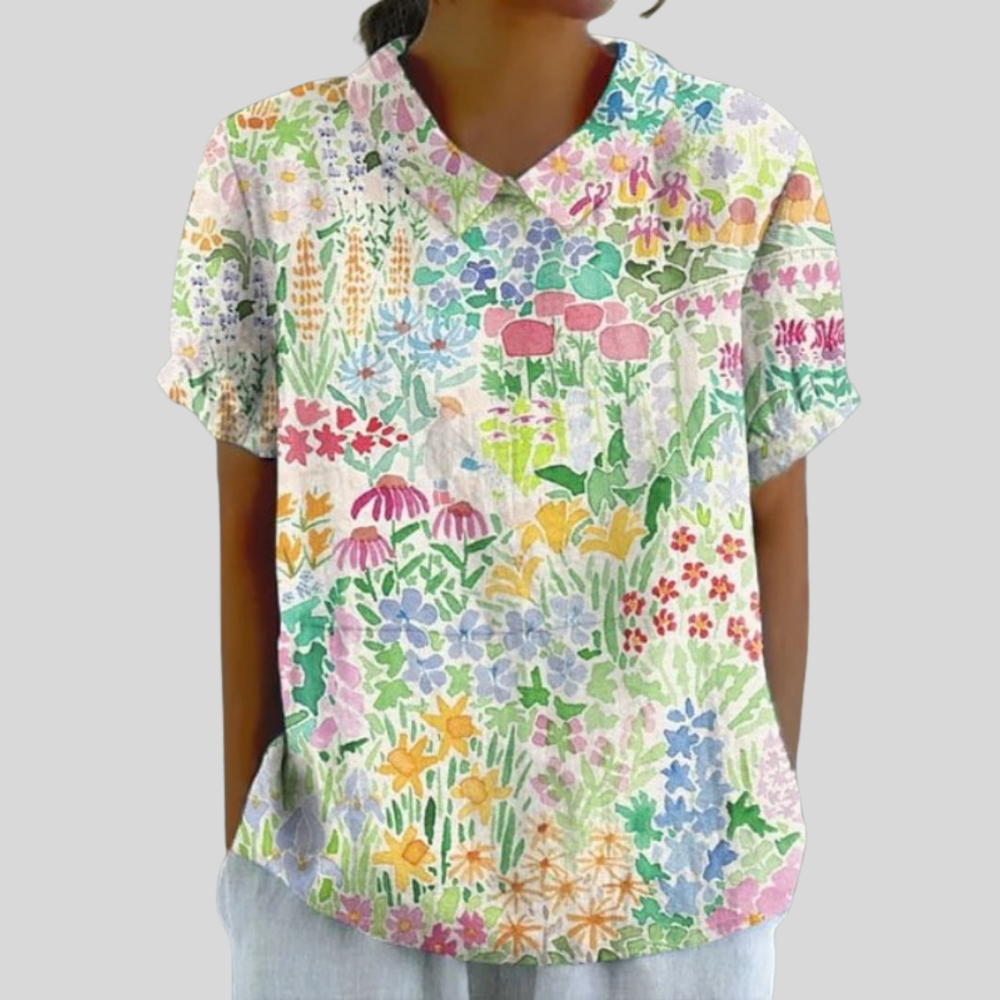 Viviane collared blouse in multicoloured watercolour floral print, front view
