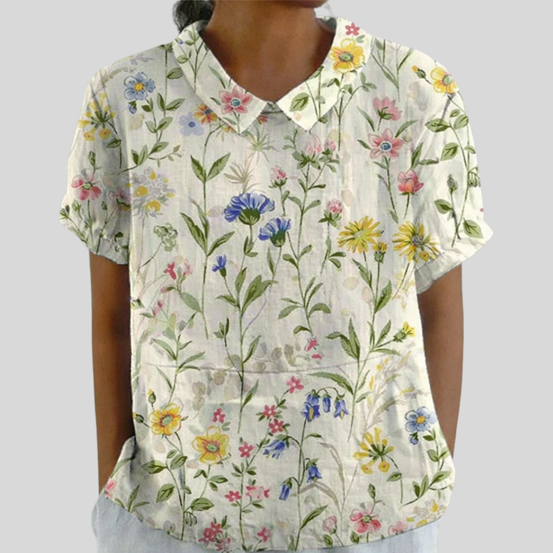 Lysandra collared blouse in cream wildflower print, front view