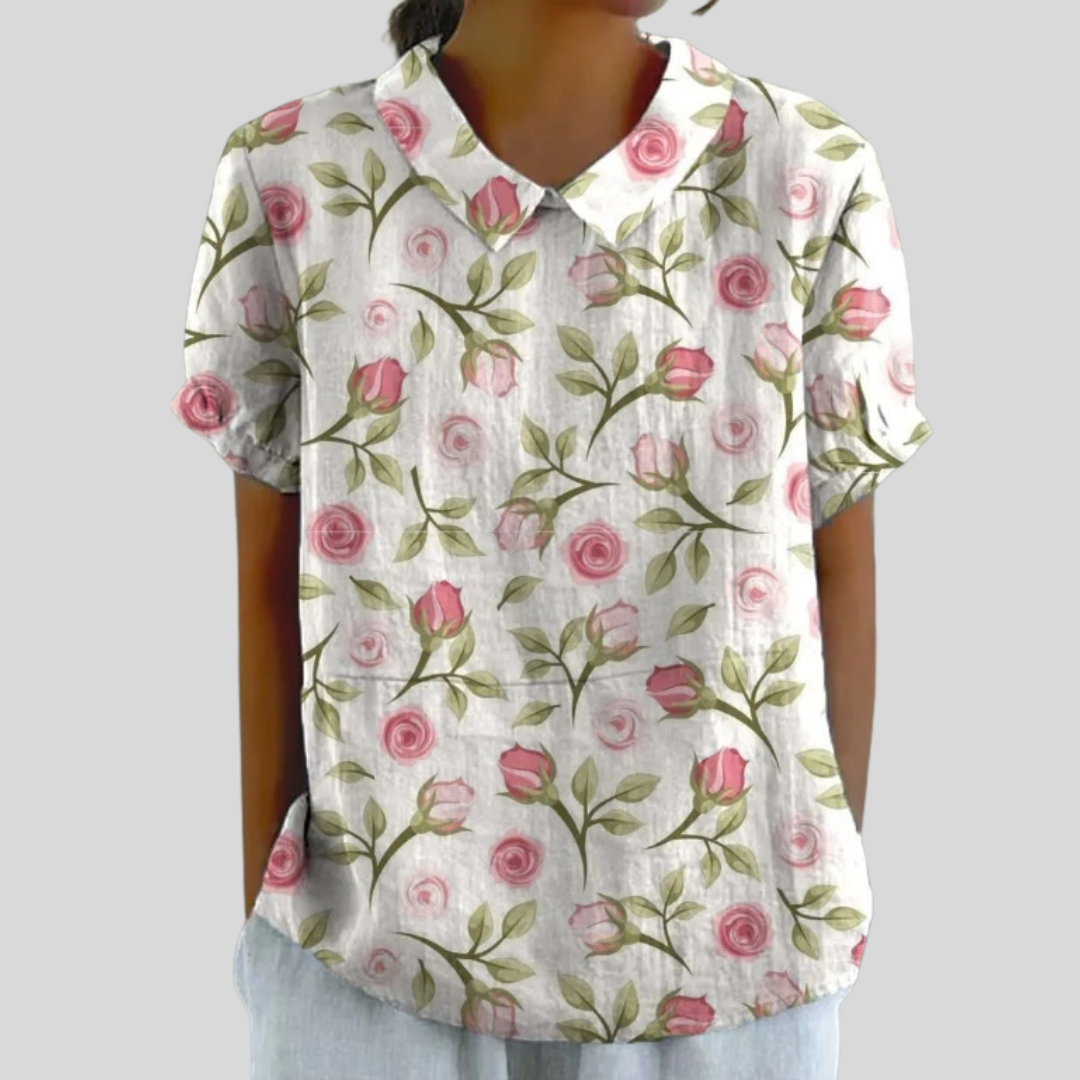 Sancia collared blouse in white with pink rose print, front view