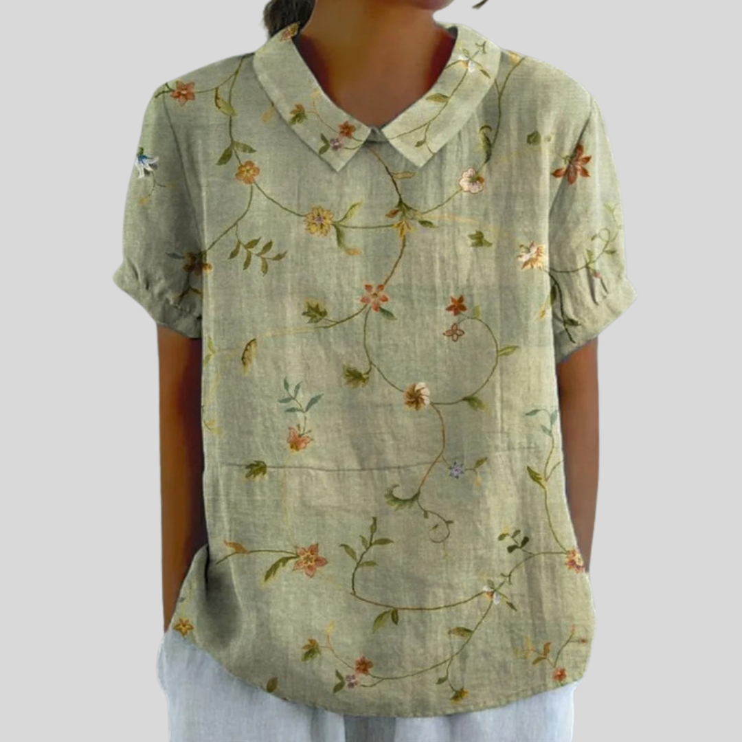 Sarafina collared blouse in olive with floral vine print, front view