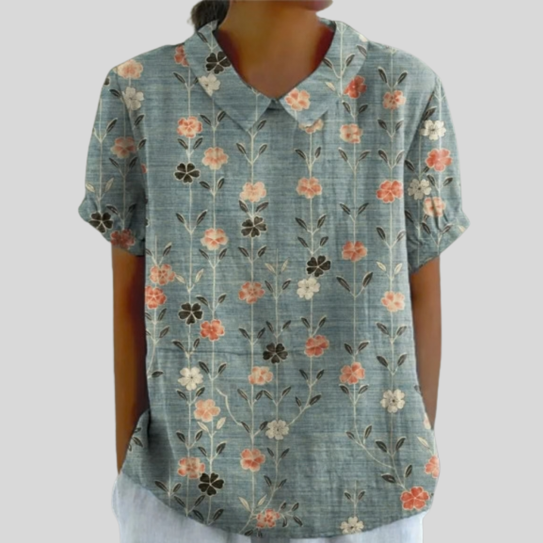 Gisele collared blouse in blue-green floral print, front view