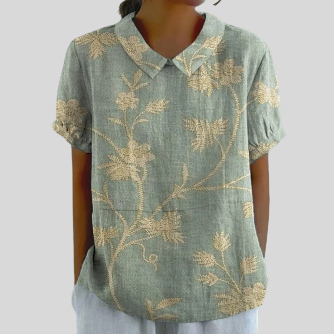 Fernande collared blouse in sage green with cream floral print, front view