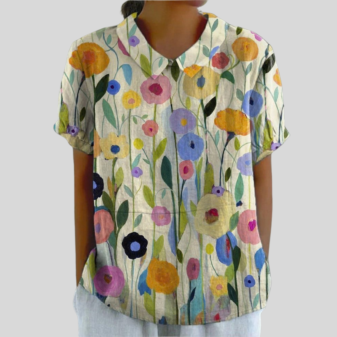 Idalia collared blouse in cream floral print, front view worn by model