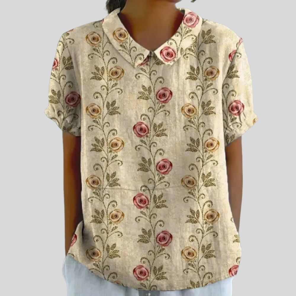 Aloisia collared blouse in antique cream with rose-vine print, front view