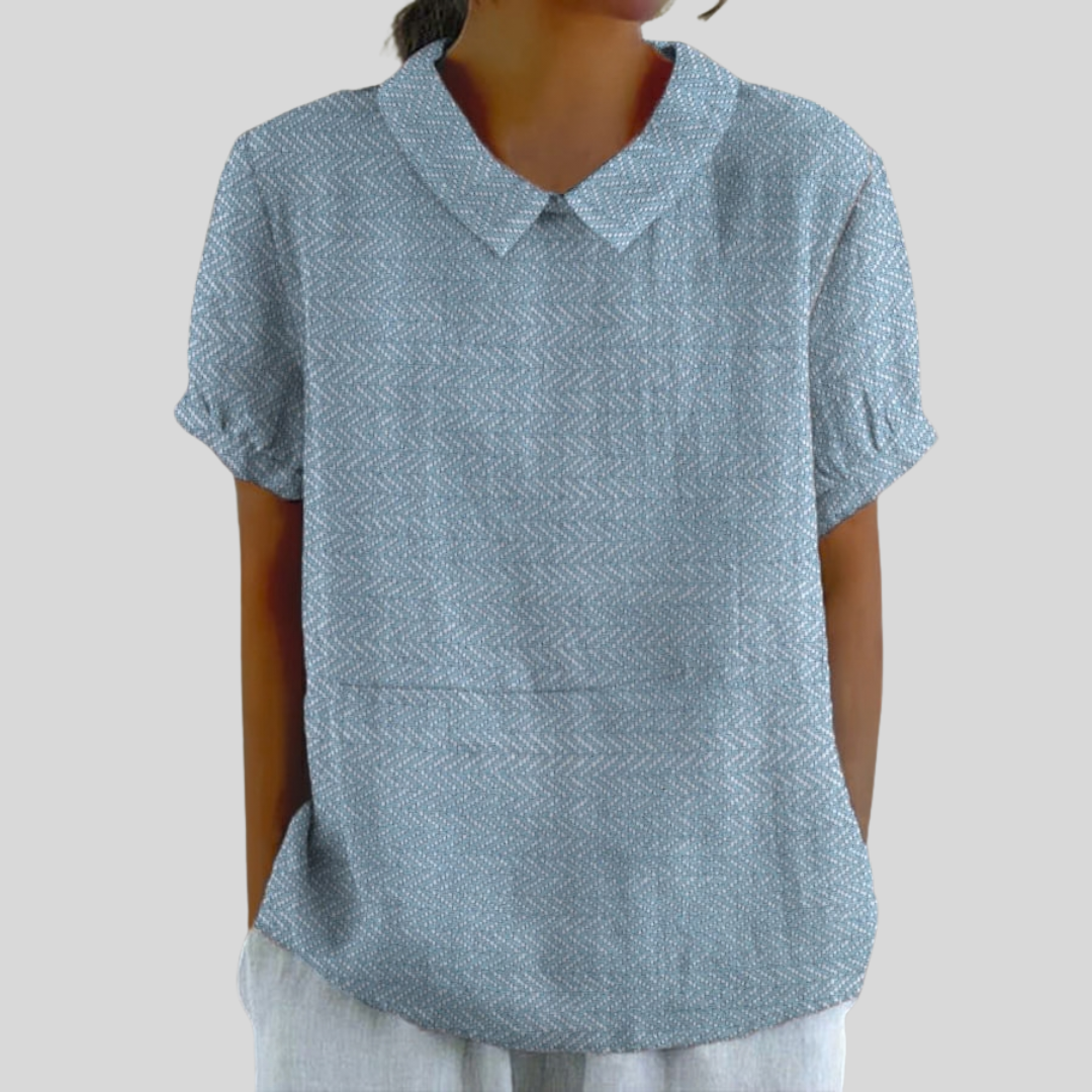 Zosia collared blouse in blue-grey chevron texture, front view on model