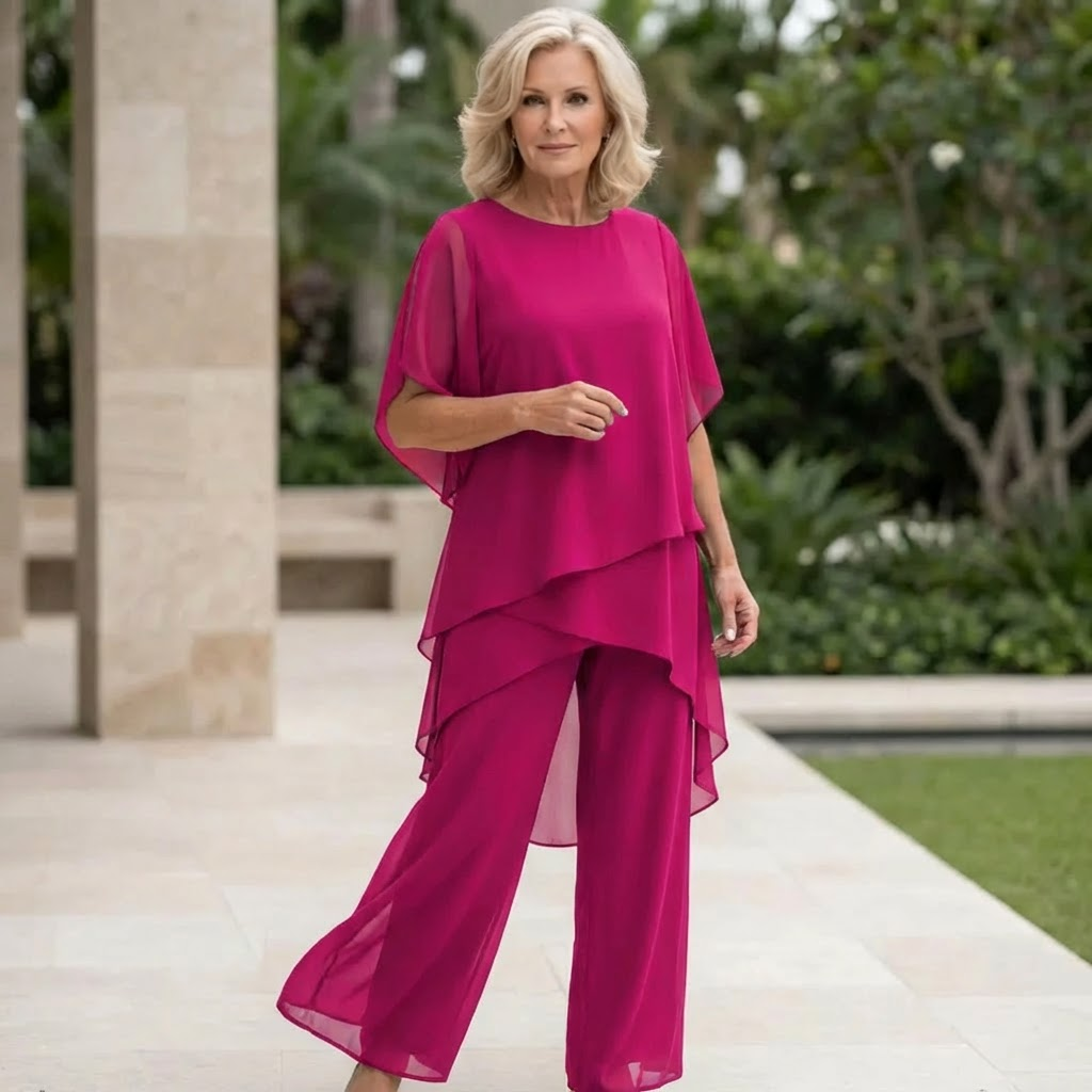 Linda elegant two-piece trouser set in pink, full-length front view