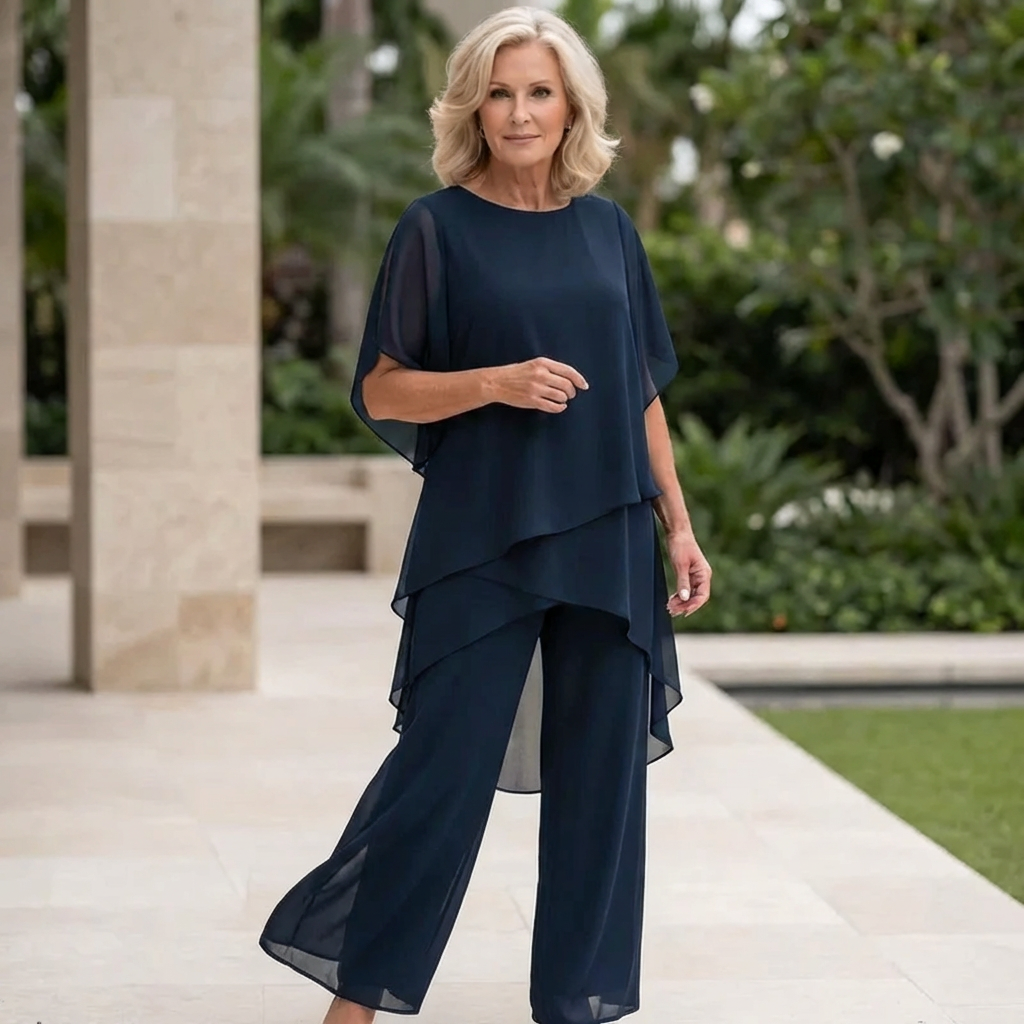 Linda elegant two-piece trouser set in navy blue, full-length front view