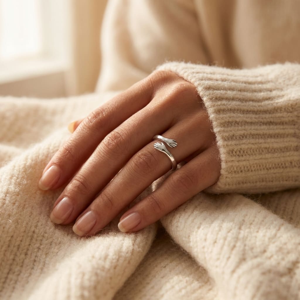 Hug hands ring in silver worn on a hand resting on soft knitwear