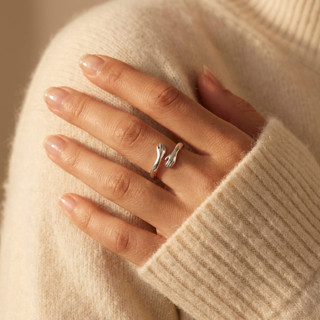 Silver hug hands ring worn on the middle finger, side view