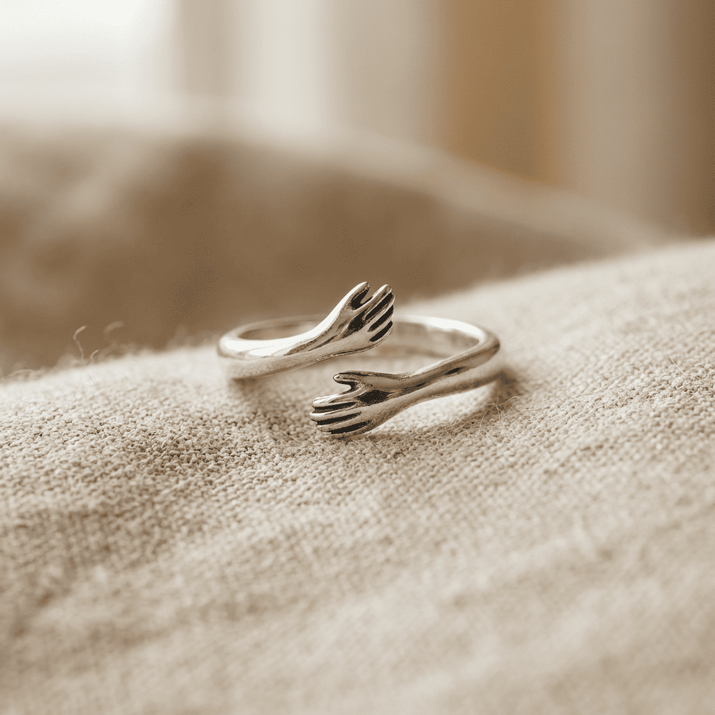 Silver hug hands ring resting on a linen cushion