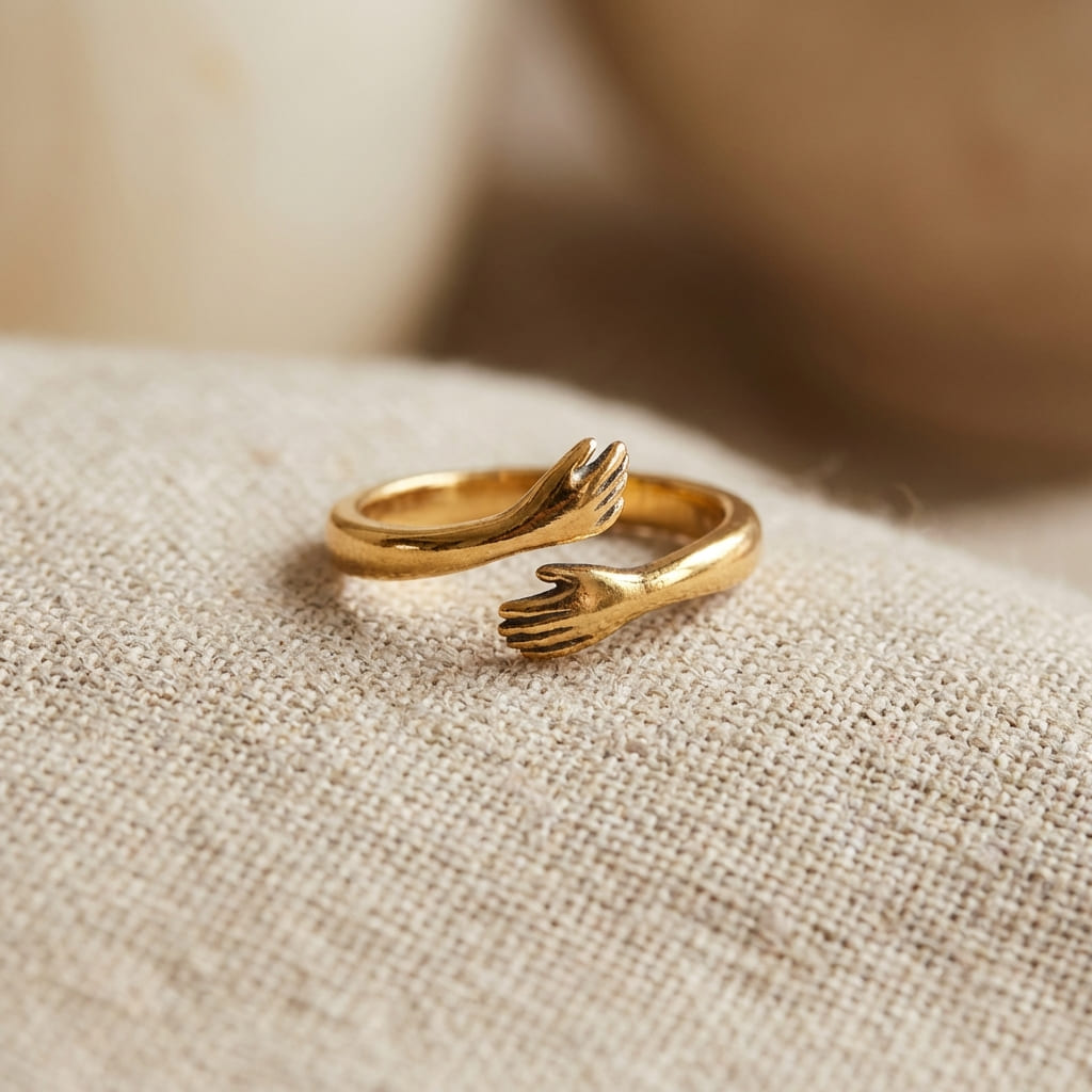 Gold hug hands ring resting on natural linen fabric