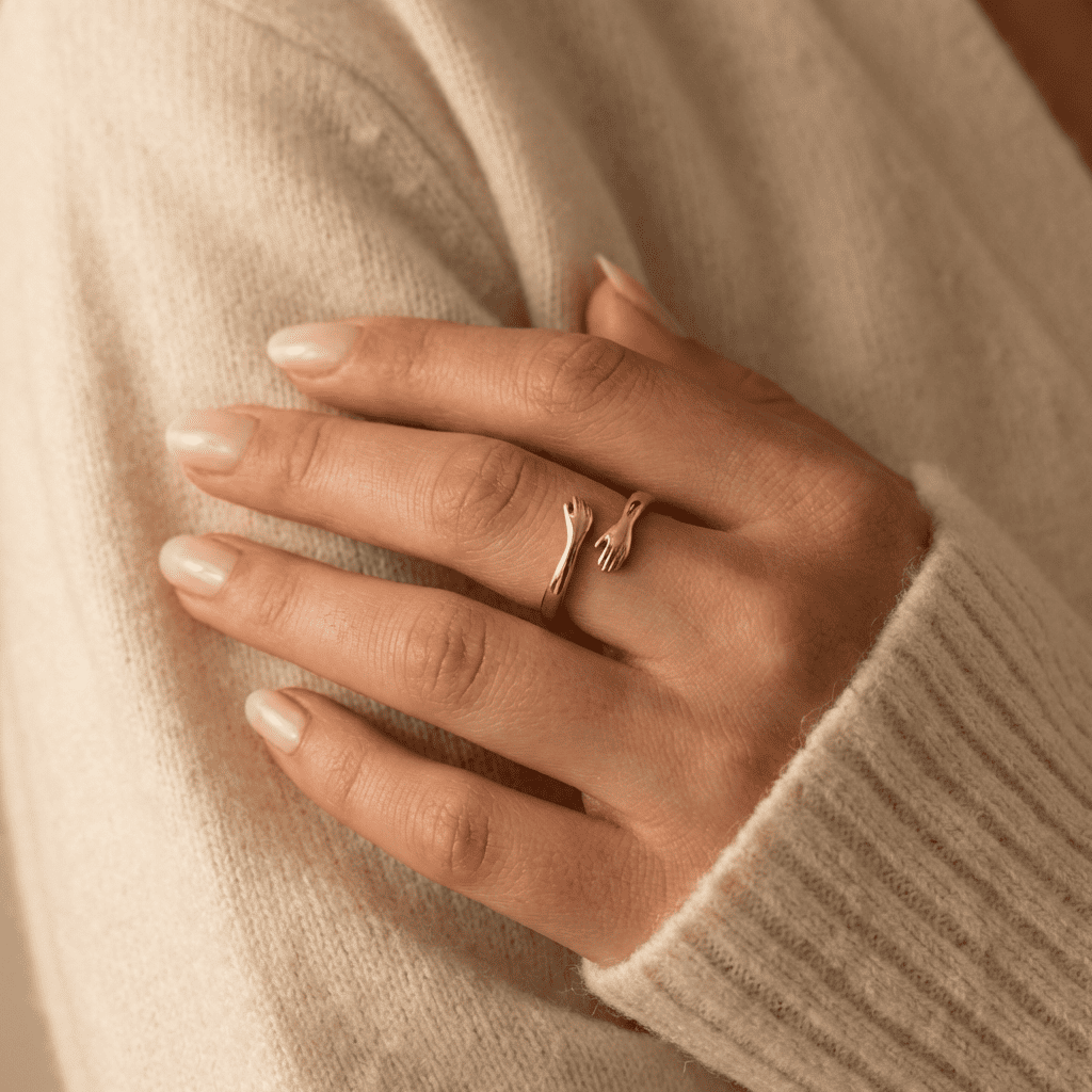 Hug hands ring in gold worn on a hand against a cream knit jumper