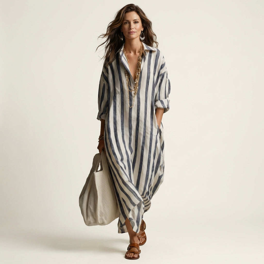 Carra striped maxi dress in navy and cream, full-length front view