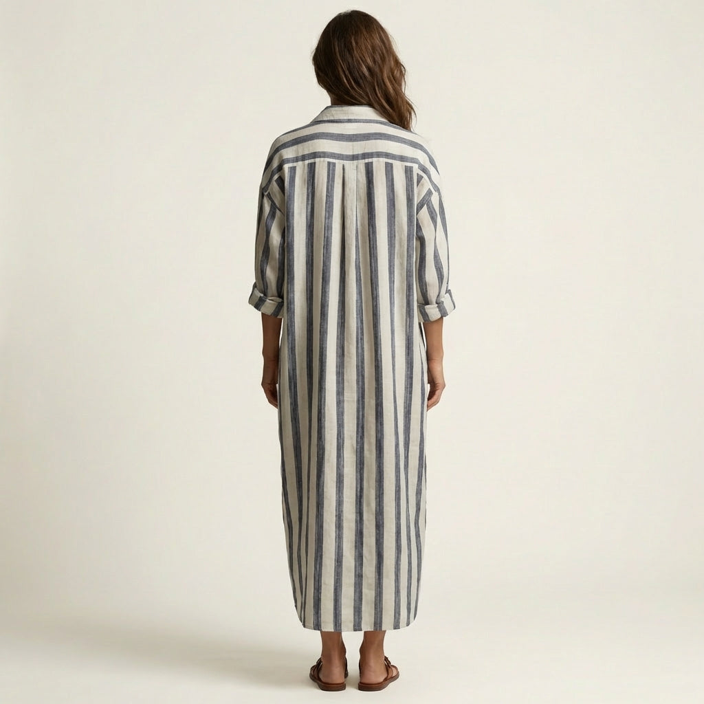 Carra striped maxi dress in navy and cream, full-length back view