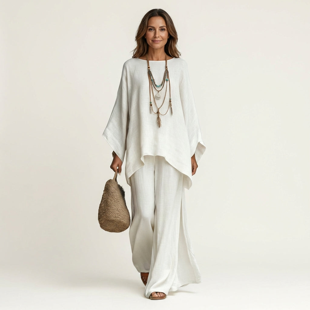 Majolie boho set in white, full-length front view with wide-leg trousers