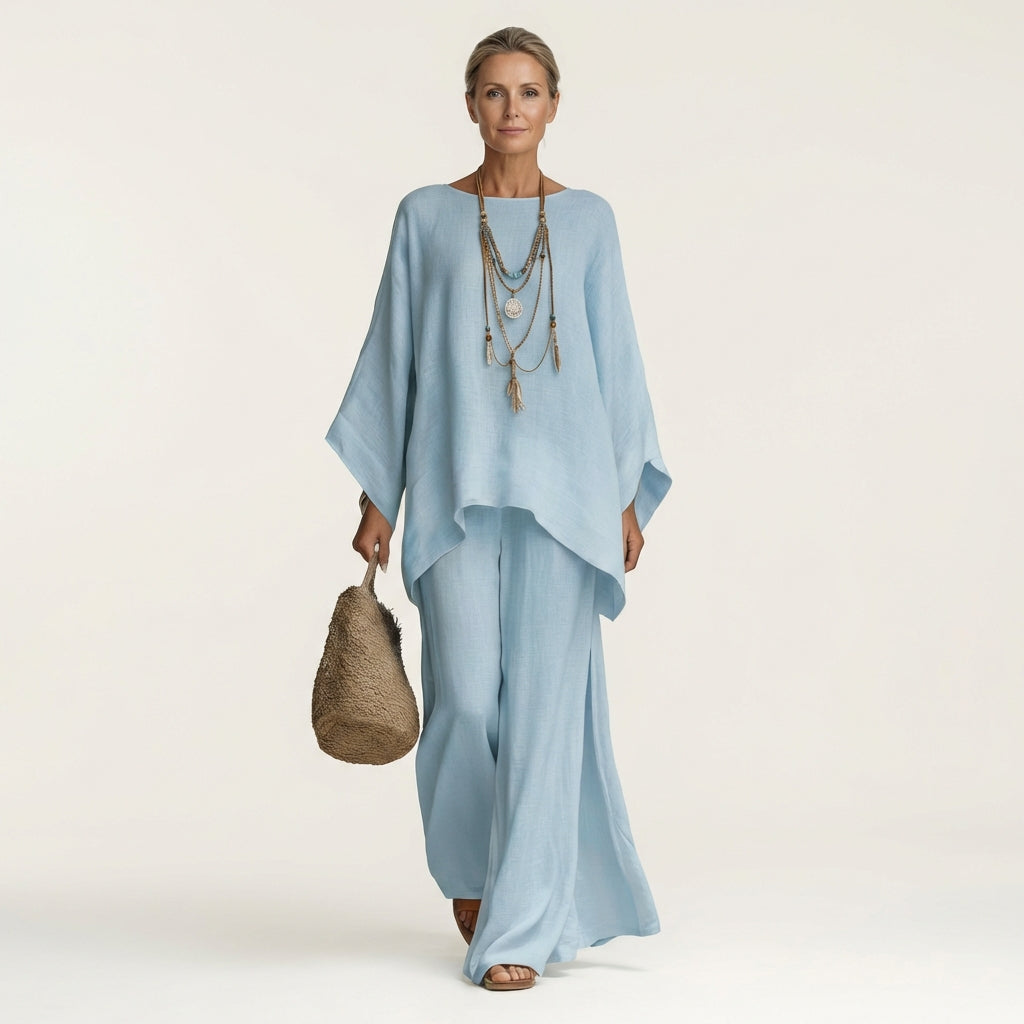 Majolie boho set in light blue, full-length front view